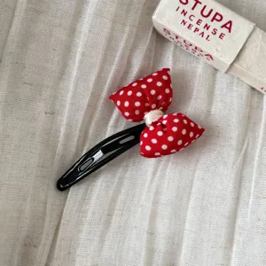 Red polka dot bow hair clip detail, sweet snap BB clip for bangs and side hair styling.