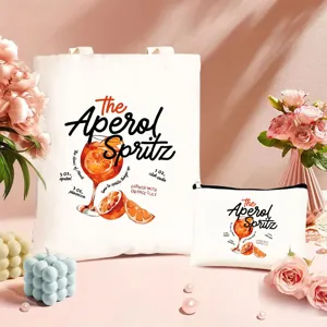 Leinwand Tragetasche und Kosmetiktasche Set mit Cocktail Grafikdruck fuer Alltag
