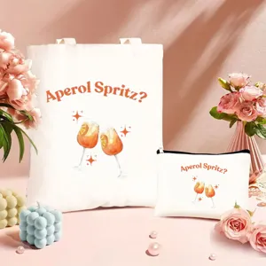 Leinwand Tragetasche Set mit Cocktail Druck ästhetische Schultertasche und Kosmetiktasche.