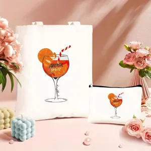 Canvas Tragetasche und Kosmetiktasche Set mit Cocktail Druck, stilvoller Alltags Schultertasche.