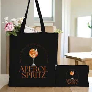 Schwarze Canvas Tragetasche und Etui Set mit Cocktail Druck, modische Freizeittasche.