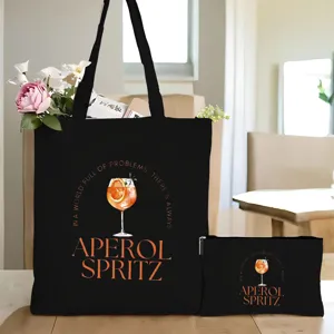 Schwarze Canvas Tragetasche und Etui Set mit stilvollem Cocktail Druck und Spruch.