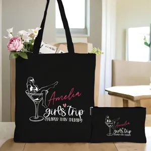 Schwarze Canvas Tragetasche und passendes Kosmetiktasche Set mit individuellem Martini Druck.