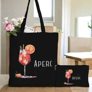 Stofftasche und Kosmetiktasche Set mit Cocktail-Druck, Detailansicht von Stoff und Design.