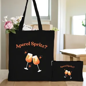 Schwarze Canvas Tragetasche und Beutel Set mit Aperol Spritz Cocktail Druck für Alltag.