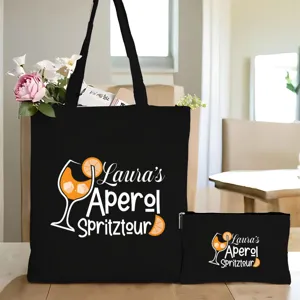 Schwarze Canvas Tragetasche und Etui Set mit individuellem Cocktaildruck für Alltag.