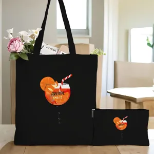 Schwarze Canvas Tragetasche und Pouch Set mit Cocktail Print, stylische Alltagstasche.