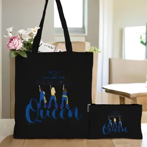 Schwarze Segeltuch Tragetasche und Taschenset mit Tanzender Koenigin Druck fuer Alltag.