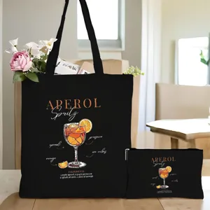 Schwarze Canvas-Tragetasche und passendes Kosmetiktäschchen mit Aperol-Spritz-Cocktail-Druck.