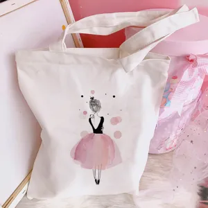 Canvas tote bag with cute ballet dancer girl print, casual shoulder shopping bag for daily use.