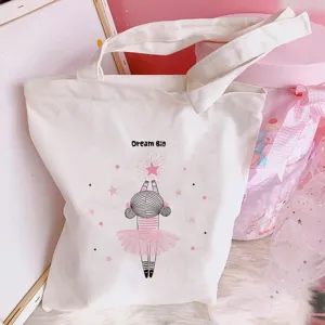 Canvas tote bag with cute ballet dancer print, casual shoulder bag for daily use.