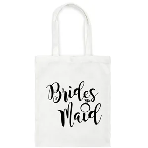 Weisse Canvas Einkaufstasche mit stilvollem Brautjungfern Druck und Ring Motiv für Feiern.