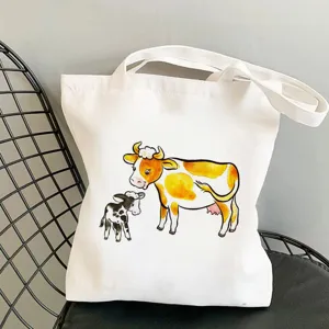 Baumwolltasche mit Kuh Motiv Tragetasche Schultertasche casual Einkaufstasche fur Damen