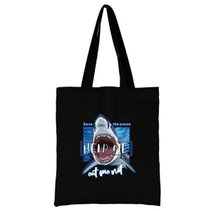 Schwarze Segeltuchtasche mit Haifisch Grafik, modische Umhängetasche für Alltag und Schule.