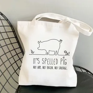 Weißer Canvas Shopper mit niedlichem Schwein Motiv, lässige Tragetasche und Einkaufstasche.