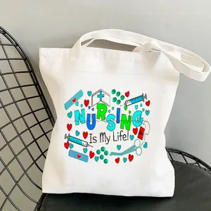 Weisse Segeltuchtasche mit Pflege Druck Design, lässige Schultertasche für den Alltag.