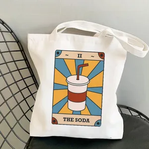 Tarot card print canvas tote bag, aesthetic retro soda graphic shoulder shopping bag.