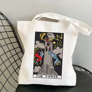 Vintage Tarot Card Print Canvas Tote Bag Retro Graphic Shoulder Bag Open Top Large Capacity Casual Shopping Bag For Daily Travel Unisex