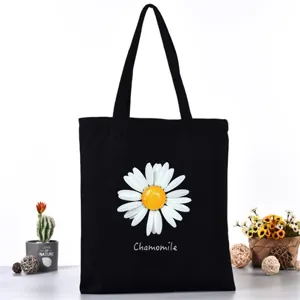 Μαύρη τσάντα shopper από καμβά με τύπωμα μαргаρίτας, casual τσάντα ώμου για ψώνια.