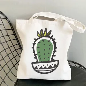 Borsa shopper in tela con stampa cactus, borsa a tracolla bianca casual per uso quotidiano.