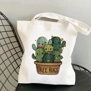 Borsa tote in tela con stampa di cactus per donne e studenti, borsa a spalla bianca casual giornaliera.