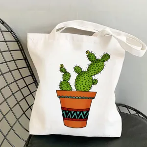 Borsa shopper in tela bianca con stampa cactus, borsa a spalla casual da donna per uso quotidiano.