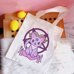 White canvas tote bag with cute purple goth cat print, casual shoulder shopping bag for daily use.