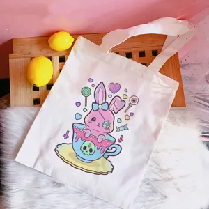 Pastel Goth Canvas Tote Bag Women Printed White Cartoon Cat Rabbit Shoulder Grocery Handbag Reusable Foldable Shopping Eco Bag Daily Matching Large Capacity