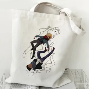 Weißer Segeltuchtasche mit Anime-Charakterdruck, lässige Umhängetasche für den täglichen Einkauf.
