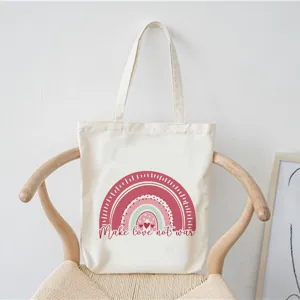 Τσάντα shopper από καμβά με χαριτωμένο boho σχέδιο ουράνιου τόξου και σλόγκαν οικολογική.