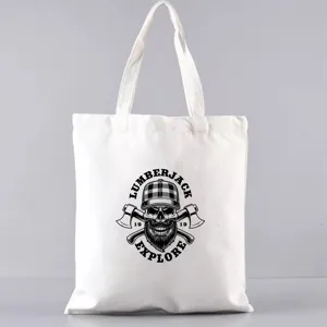 Weißer Segeltuchtasche mit coolem Totenkopf-Holzfäller-Grafikdruck für den täglichen Gebrauch.