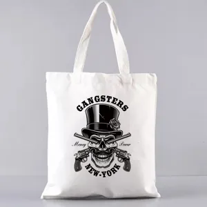Weisse Segeltuchtasche mit Vintage Totenkopf und Pistolen Print, laessige Schultertasche.