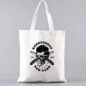 Weißer Canvas Shopper mit Totenkopf Barbershop Druck, lässige praktische Schultertasche für den Alltag.