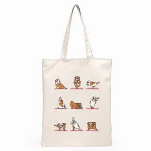 Cute French Bulldog yoga print canvas tote bag, casual reusable shopping shoulder bag for daily.