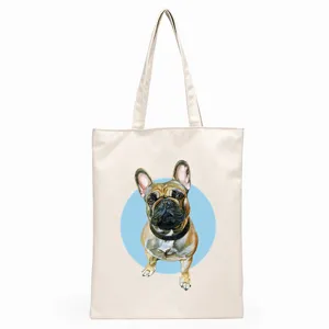 Chic canvas tote bag featuring a cute French bulldog print, ideal for everyday use.