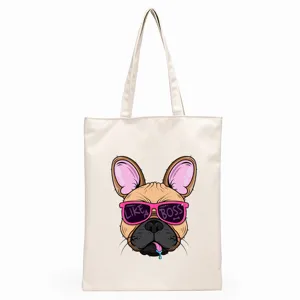 Cute French bulldog print canvas tote bag, casual shoulder shopping bag for daily use.