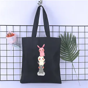 Black canvas tote bag with cute cartoon rabbit print for women students daily use shopping