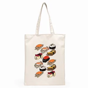 Cute sushi otter print canvas tote bag, casual shoulder shopping bag for daily use.