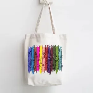 Canvas tote bag detail view, showing colorful eyeshadow powder stripe print on white fabric.