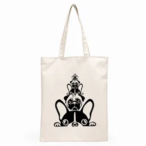 Detailed view of the cute French bulldog printed canvas tote bag, perfect for daily shopping.