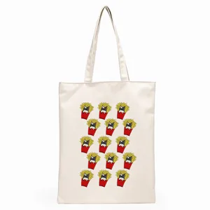 Cute French bulldog canvas tote bag with fun french fries print pattern for daily shopping use.