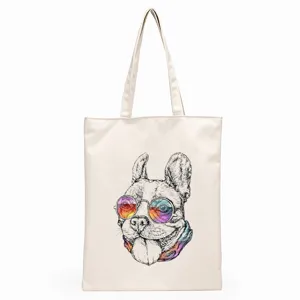 Cute French bulldog print canvas tote bag, casual reusable shopping shoulder bag for women.