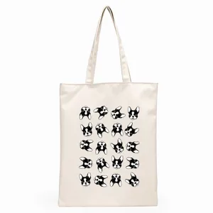 Canvas tote bag with cute French bulldog print, durable fabric shoulder bag for daily use.
