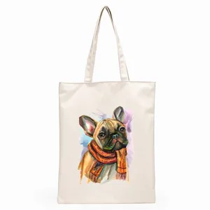 Close-up detail of the canvas tote bag featuring an artistic watercolor French bulldog print.