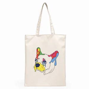 Close-up of the colorful graffiti French bulldog print on the canvas tote bag detail.