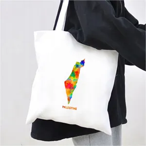 Canvas tote bag with watercolor map and Palestine print, casual shoulder shopping bag for daily use.