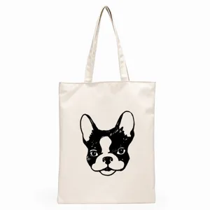 French bulldog print canvas tote bag detail, casual shopping shoulder bag with cute dog graphic.
