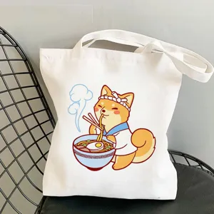 Süßer Shiba Inu Leinwand Tragetasche Detailansicht, lässige Schulter Einkaufstasche mit Ramen.