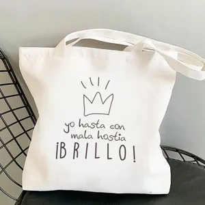 Weißer Segeltuch-Tragebeutel mit stylischem spanischem Spruch, lässige Einkaufstasche.