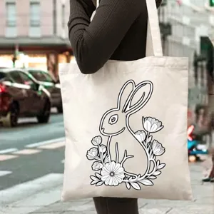 Canvas tote bag with cute rabbit and floral line art, casual shoulder bag for daily commute.